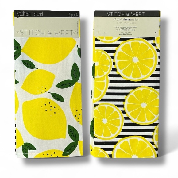 Stitch & Weft Kitchen Towel Set Lemon Print 100% Natural Cotton Yellow Black - Picture 1 of 16